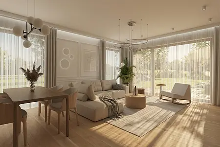 Wnętrze salonu w stylu japandi i minimalistycznym z beżową sofą i drewnianymi akcentami.