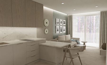 Wnętrze kuchni w stylu soft minimalizm z drewnianymi meblami i jasnymi akcentami.