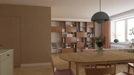 Wnętrze salonu w stylu dopamine decor z eklektycznymi akcentami.
