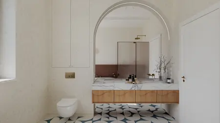 Wnętrze łazienki w stylu eklektycznym z drewnianymi akcentami i vintage detalami.