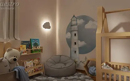 Pokój dziecięcy w stylu eklektycznym i vintage z łóżkiem, poduszkami i książkami.
