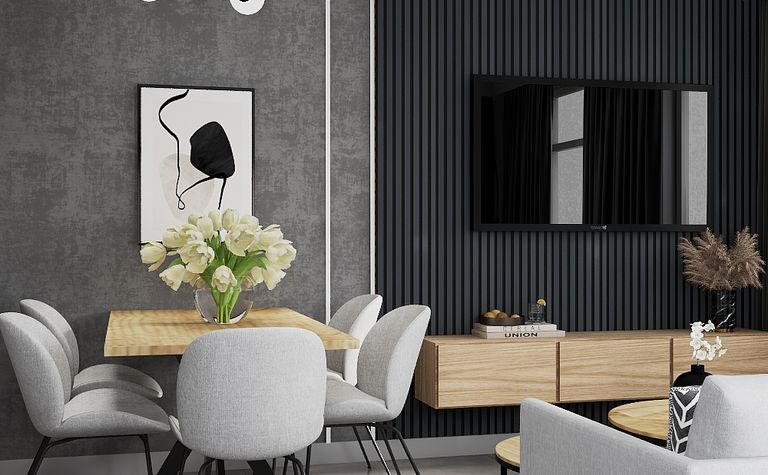 Wnętrze jadalni z minimalistycznym designem, szarymi krzesłami i drewnianym stołem.