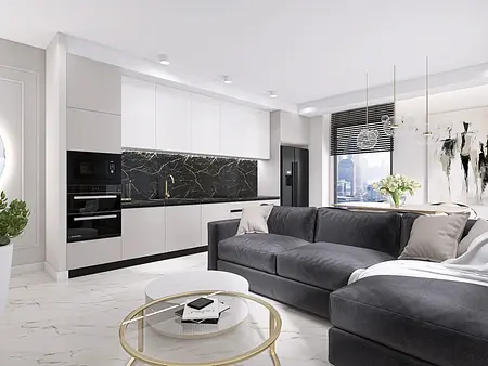 Wnętrze kuchni w stylu minimaluxe z czarnym blatem, nowoczesnymi meblami i detalami quiet luxury.
