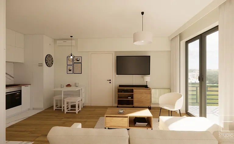 Salon w stylu minimalistycznym i nowoczesnym z białymi meblami i drewnianymi elementami.