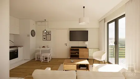 Salon w stylu minimalistycznym i nowoczesnym z białymi meblami i drewnianymi elementami.