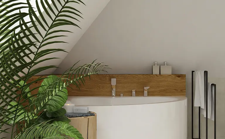 Nowoczesna łazienka boho z drewnem i roślinami.