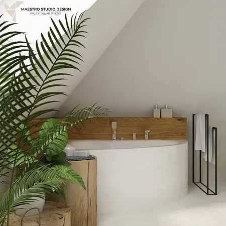 Nowoczesna łazienka boho z drewnem i roślinami.