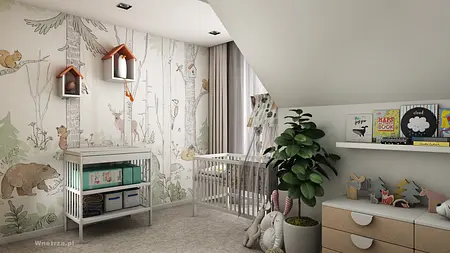 Stylowe wnętrze salonu w stylu art deco z zieloną sofą i czarnym telewizorem.