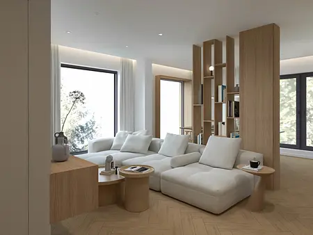 Wnętrze salonu w stylu japandi i minimalistycznym z jasnymi meblami.