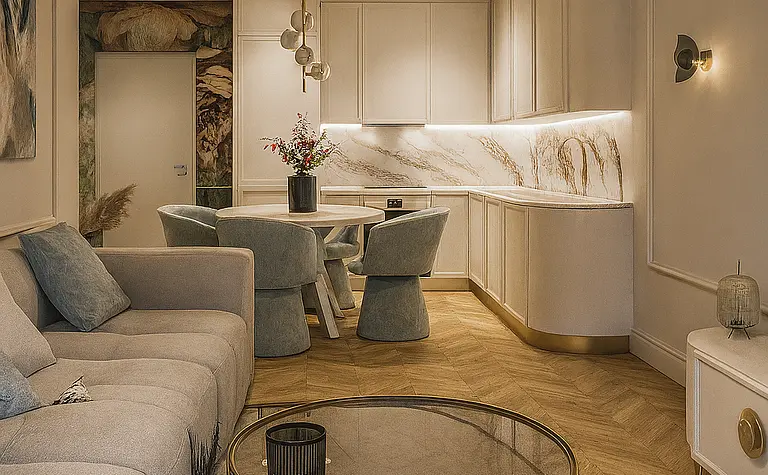Nowoczesne wnętrze w stylu quiet luxury z jasnymi meblami i drewnianą podłogą.