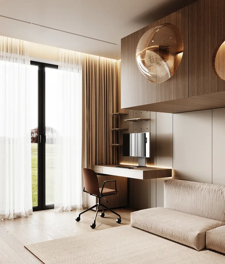 Wnętrze z biurkiem, sofą i zasłonami w stylu minimaluxe, quiet luxury, współczesnym.
