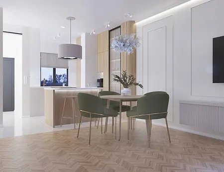 Wnętrze jadalni w stylu art deco i glamour z drewnianym stołem oraz zielonymi krzesłami.