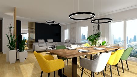 Wnętrze jadalni z drewnianym stołem, kolorowymi krzesłami i roślinami.