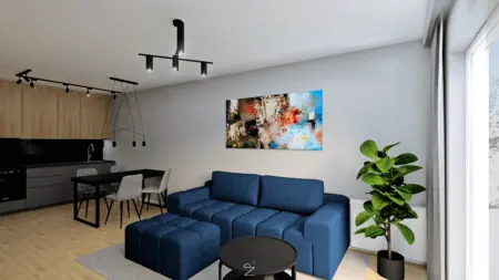 Wnętrze salonu z niebieską sofą, drewnianym blatem i nowoczesnymi detalami.
