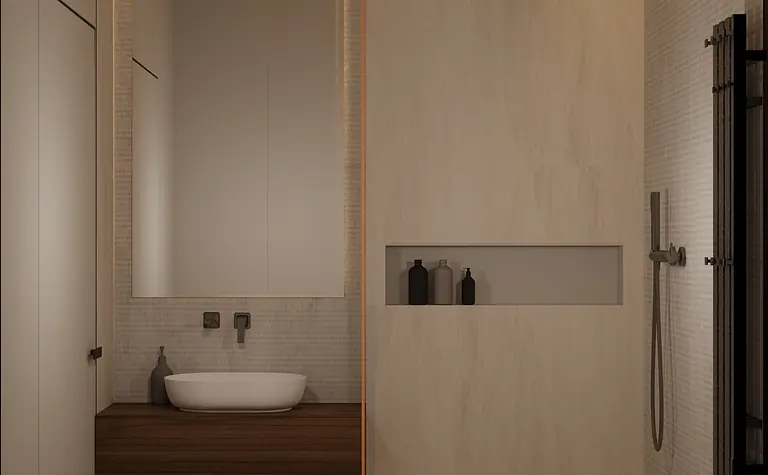 Wnętrze łazienki w stylu japandi i minimalistycznym z jasnymi płytkami