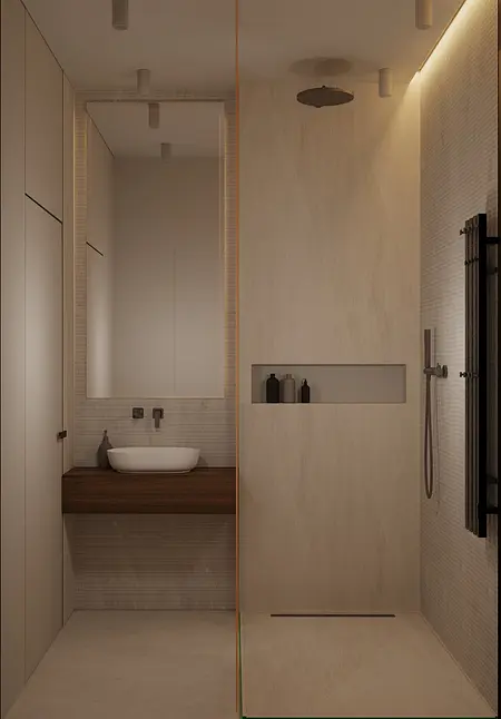 Wnętrze łazienki w stylu japandi i minimalistycznym z jasnymi płytkami