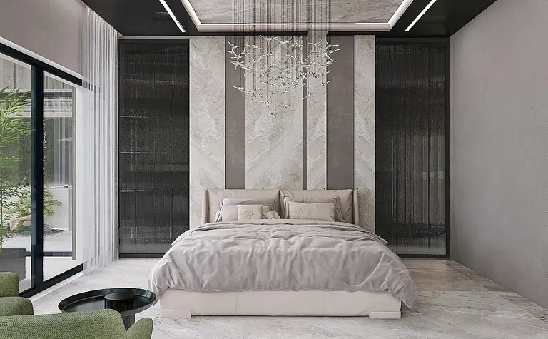 Sypialnia w stylu glamour z nowoczesnym oświetleniem i eleganckimi detalami.