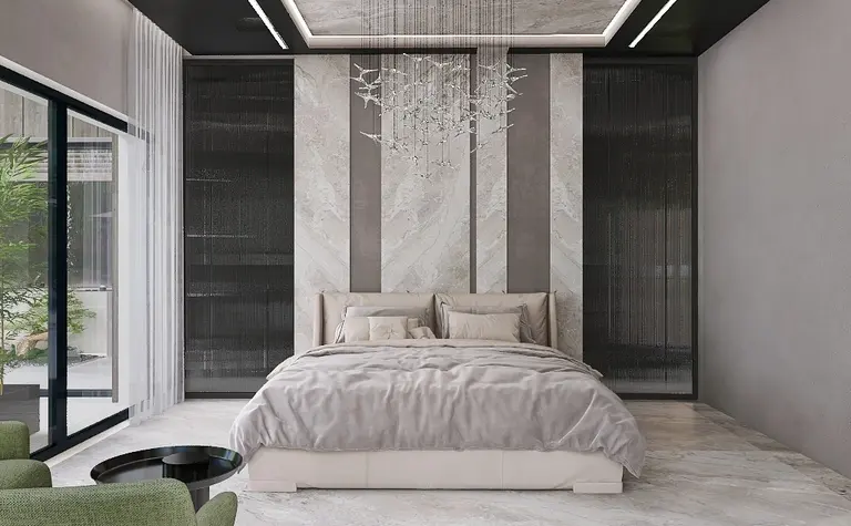 Sypialnia w stylu glamour z nowoczesnym oświetleniem i eleganckimi detalami.