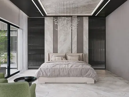 Sypialnia w stylu glamour z nowoczesnym oświetleniem i eleganckimi detalami.