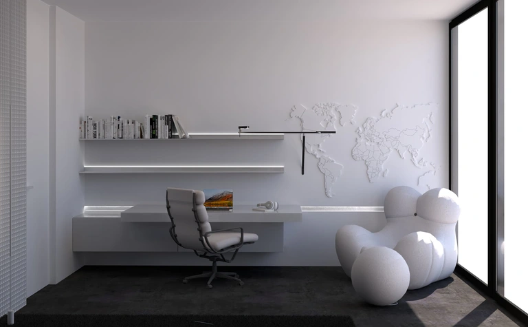 Wnętrze gabinetu w stylu minimalistycznym z nowoczesnym biurkiem i designerskim fotelem.