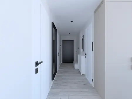 Przedpokój w stylu industrialnym, minimalistycznym i współczesnym z białymi ścianami.