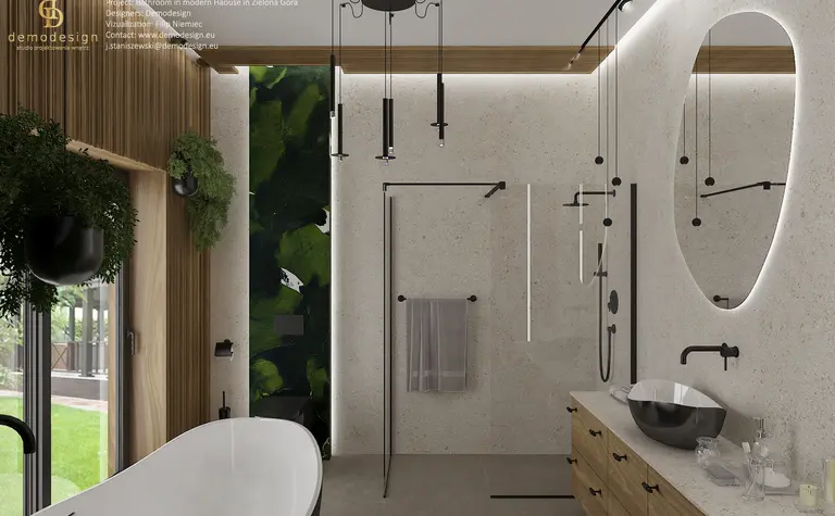 Nowoczesna łazienka z drewnianymi meblami i zieloną ścianą, styl quiet luxury.
