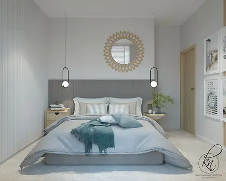 Sypialnia w stylu minimalistycznym z szarym łóżkiem i drewnianymi elementami.