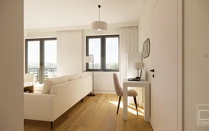 Minimalistyczne wnętrze pokoju z białą sofą, biurkiem i drewnianą podłogą.