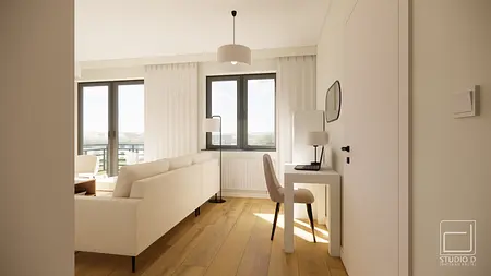 Minimalistyczne wnętrze pokoju z białą sofą, biurkiem i drewnianą podłogą.