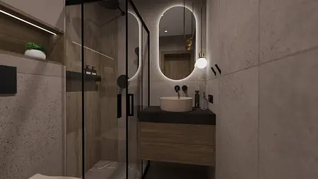 Nowoczesna łazienka w stylu soft minimalizm z drewnianymi elementami