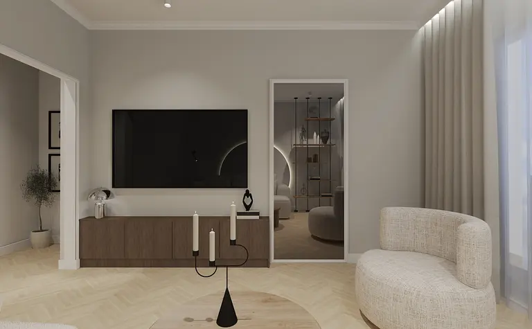 Wnętrze salonu w stylu soft minimalizm z jasnymi meblami i drewnianą podłogą.
