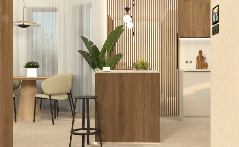 Wnętrze minimalistycznej kuchni w stylu japandi z drewnianymi elementami i roślinami.