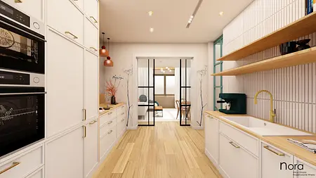 Wnętrze kuchni z białymi meblami, drewnianymi akcentami oraz industrialnymi detalami.