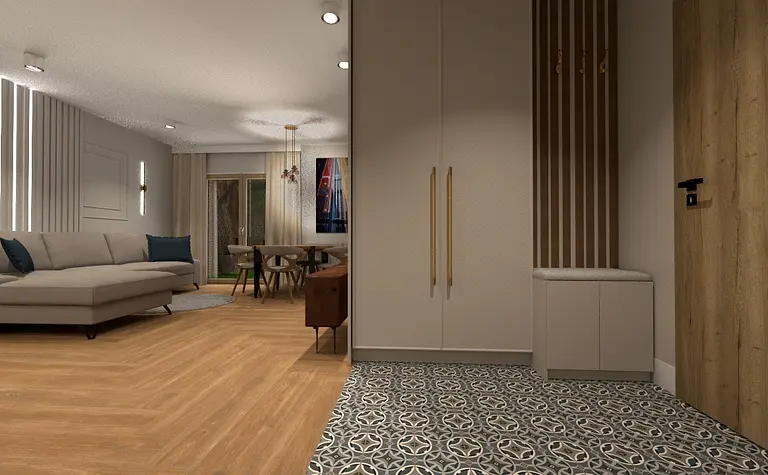Wnętrze przedpokoju z szarym dywanem, drewnianą szafą i nowoczesnymi akcentami.