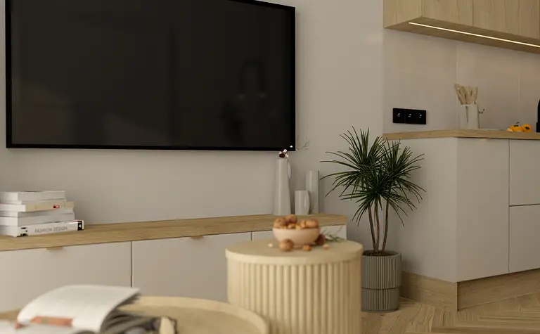 Nowoczesny salon z rustykalnymi akcentami, drewniane meble, rośliny