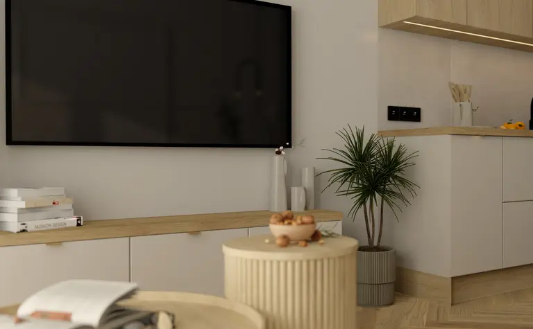 Nowoczesny salon z rustykalnymi akcentami, drewniane meble, rośliny