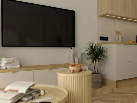Nowoczesny salon z rustykalnymi akcentami, drewniane meble, rośliny