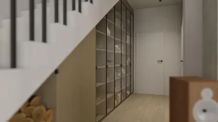 Przedpokój z nowoczesną szafą i drewnianą podłogą, minimalistyczny design.