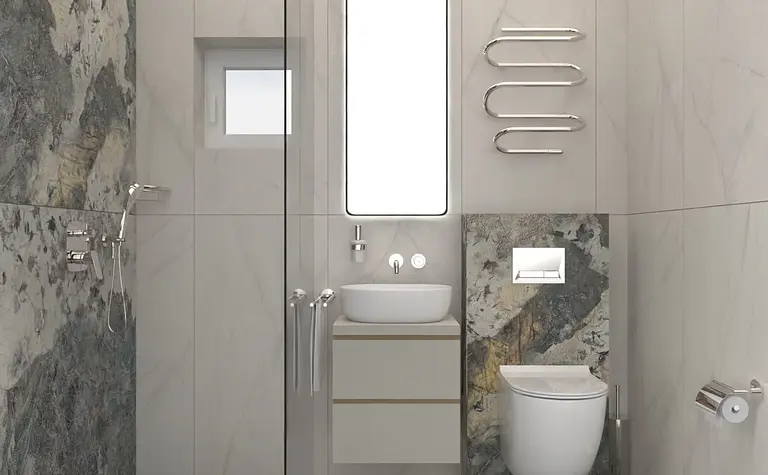 Wnętrze łazienki w stylu dopamine decor i minimalistycznym z marmurowymi elementami.