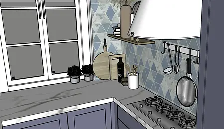 Wnętrze kuchni z niebieskimi kafelkami w stylu minimalistycznym i eklektycznym