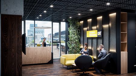 Biuro z żółtą sofą, drewnianymi elementami i roślinami