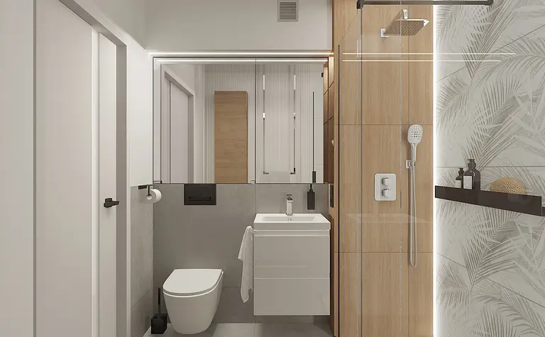 Nowoczesna łazienka w stylu skandynawskim z drewnem i minimalistycznymi meblami.