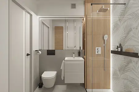 Nowoczesna łazienka w stylu skandynawskim z drewnem i minimalistycznymi meblami.