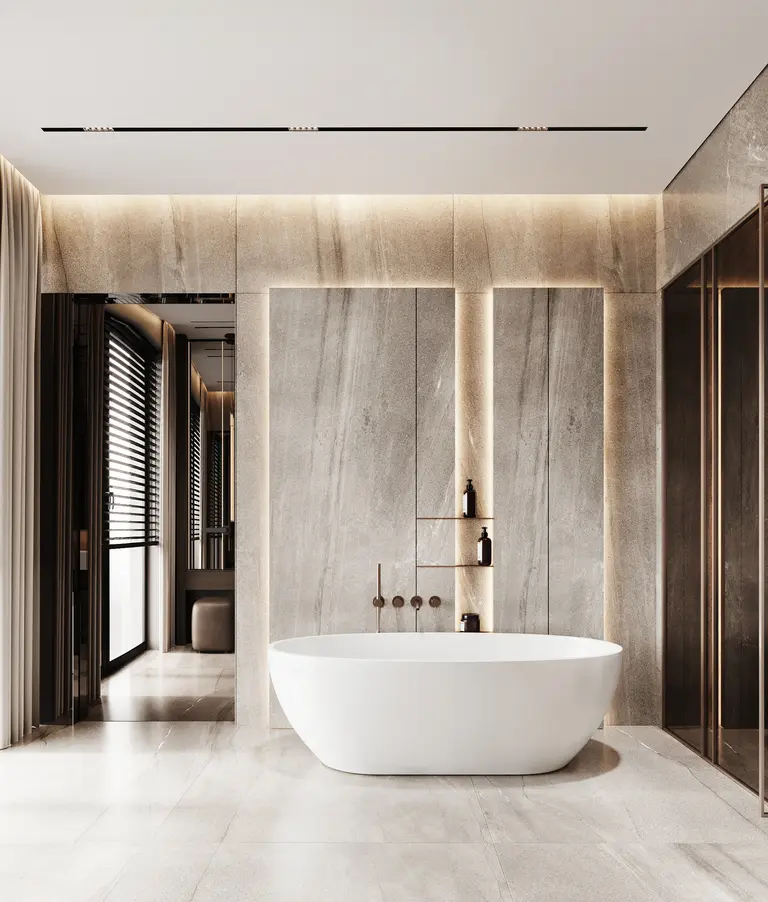 Współczesna łazienka z wanną, minimaluxe i quiet luxury