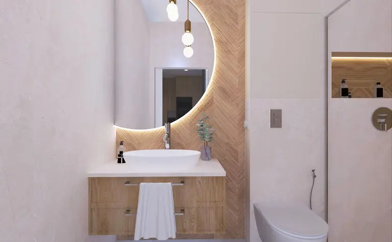 Wnętrze łazienki z drewnianą toaletką, okrągłym lustrem, styl art deco, glamour, nowoczesny, współczesny.