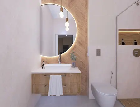 Wnętrze łazienki z drewnianą toaletką, okrągłym lustrem, styl art deco, glamour, nowoczesny, współczesny.
