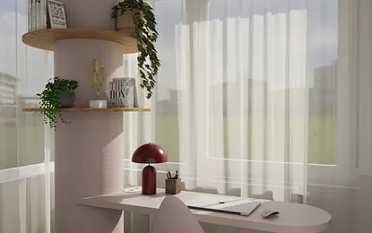 Gabinet w stylu eklektycznym z różowym biurkiem i drewnianymi akcentami.