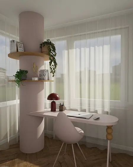 Gabinet w stylu eklektycznym z różowym biurkiem i drewnianymi akcentami.