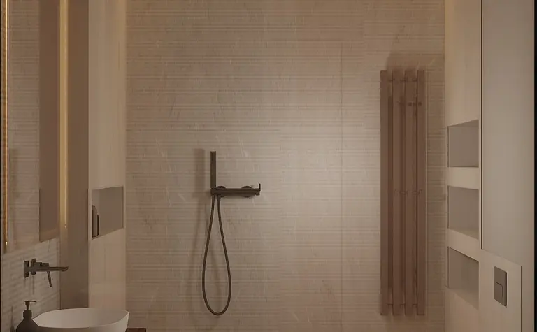 Nowoczesna łazienka w stylu japandi z drewnianymi elementami i minimalistycznym wykończeniem.