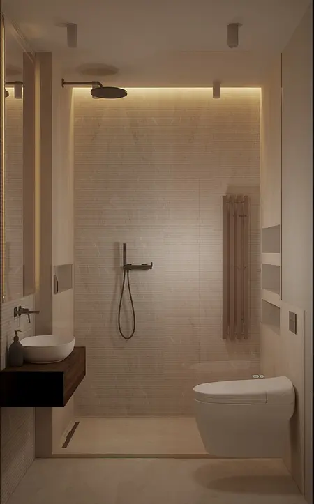 Nowoczesna łazienka w stylu japandi z drewnianymi elementami i minimalistycznym wykończeniem.